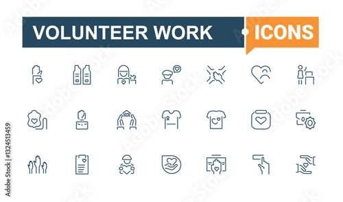 Volunteer Work icon set. Included charity, donate, humanitarian, help, unity, support, giving, volunteer and more. Volunteering vector icon set. Collection of simple line web icons.