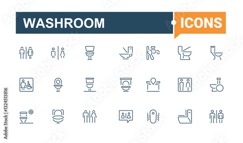 Washroom icon set. Includes symbols for wc, shower, plumbing, restroom, toilet, bathroom and more. Toilet modern icons. Line with editable stroke. Vector artwork and illustration.