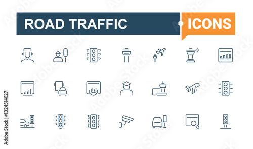 Road Traffic icons set. Includes thin line pedestrian, traffic, transport, road, city. Traffic linear icon collection. Outline icon collection. Vector illustration in modern line style.