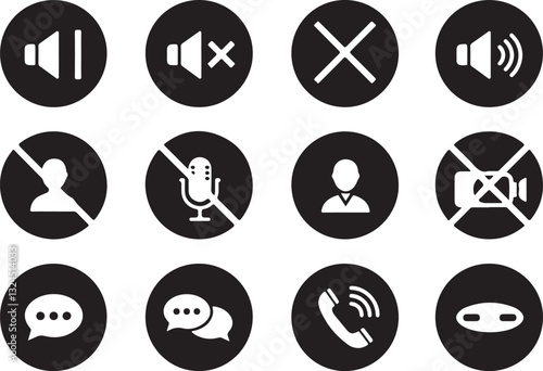 Phone calling icon set. Streaming icon set. Video call buttons set. Collection of internet conversation buttons. Camera, handset, microphone, speaker, message, and profile vector
