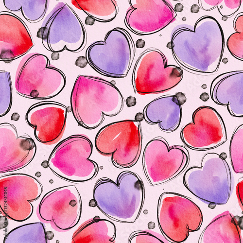Watercolor and Ink Hearts Seamless Pattern