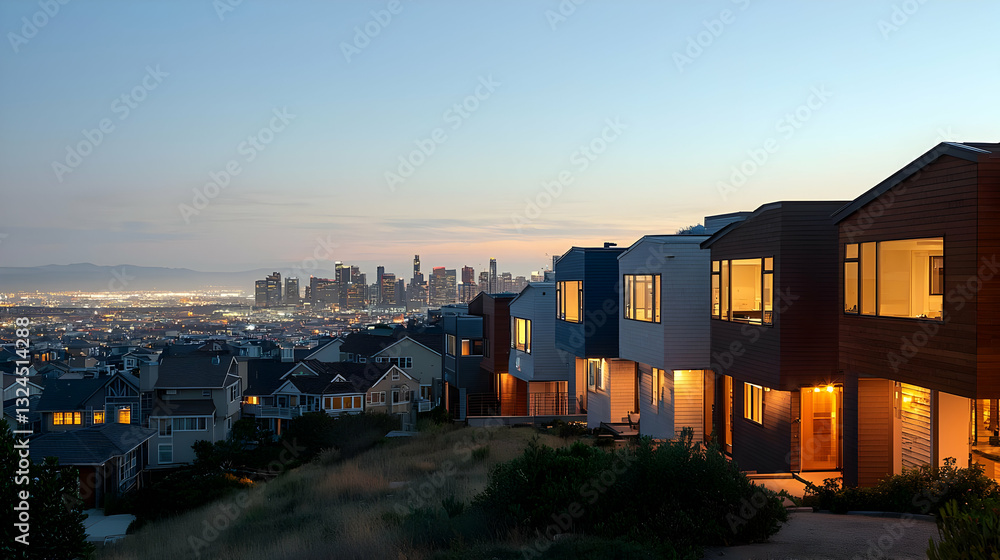 Fototapeta premium City Skyline And Modern Houses At Dusk With Illuminated Windows And Soft Blue Hour Sky