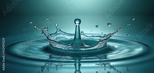 Water drop splashing sea. Concept of wellness, spa, cosmetics product demonstration. Pure environmental image for banner size. Clean water ripple texture. Relaxing spa natural source. Alternative