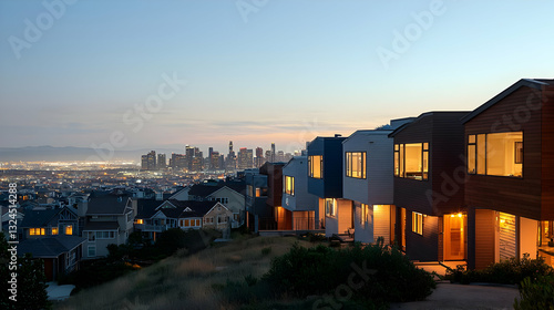 City Skyline And Modern Houses At Dusk With Illuminated Windows And Soft Blue Hour Sky