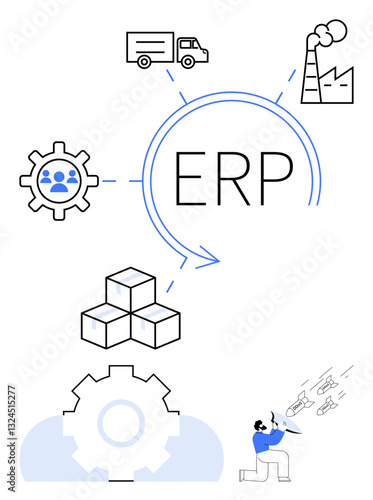 ERP concept with interconnected gear, supply chain grid, factory, logistics truck, packages. Ideal for productivity, resource optimization, innovation management logistics manufacturing. Flat