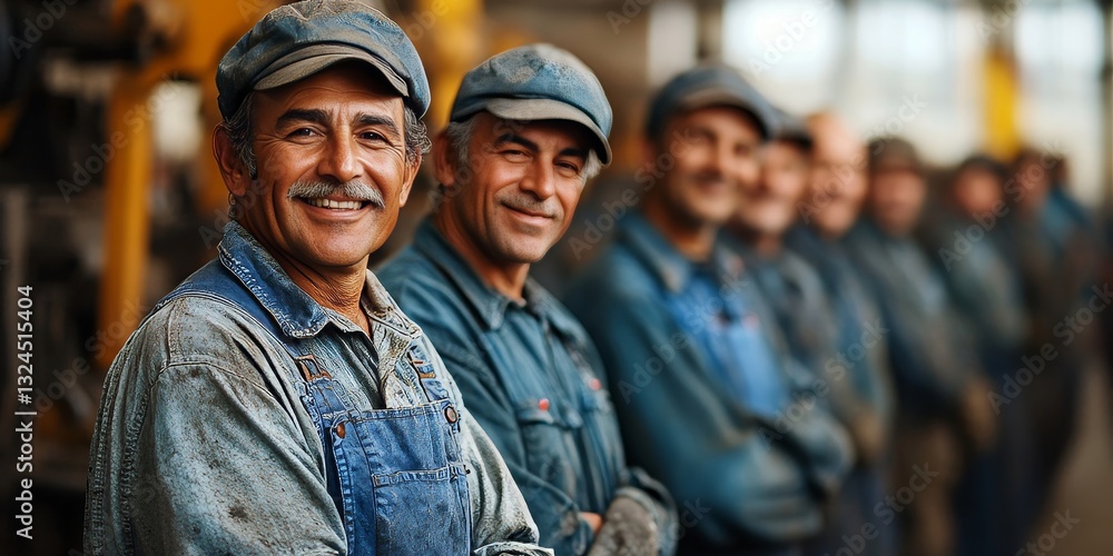 Fototapeta premium a group of skilled workers wearing caps and work clothes, looking towards the camera.
