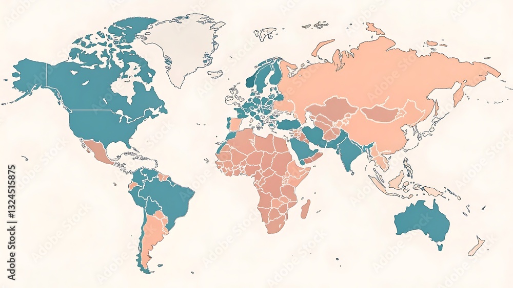 Obraz premium Stylized World Map: Teal & Peach Regions Illustrating Unknown Data on a Simplified Globe with White Borders & Beige Background..