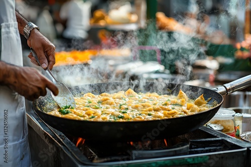 Wallpaper Mural An Indian street vendor frying crispy samosas in a large pan, with a colorful market in the background Torontodigital.ca