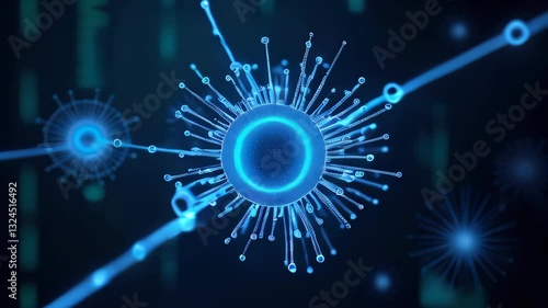 Futuristic glowing blue sphere with radiating digital lines forming a high-tech network interface concept. Concept of: artificial intelligence, data network, futuristic technology, digital world, inno