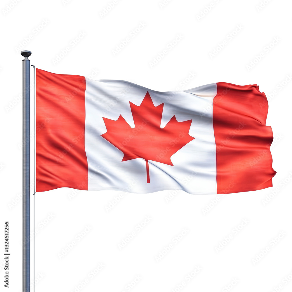 Vibrant canadian flag fluttering in the wind against a clear blue sky symbolizing national pride and identity isolated on a white background. Vibrant canadian flag fluttering in the wind against a clear blue sky symbolizing national pride and identity isolated on a white background.