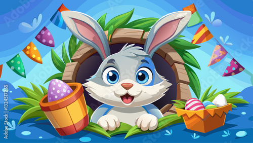 Bunny peeking out of a hole in blue wall, fluffy eared bunny easter bunny banner, rabbit jump out torn hole,