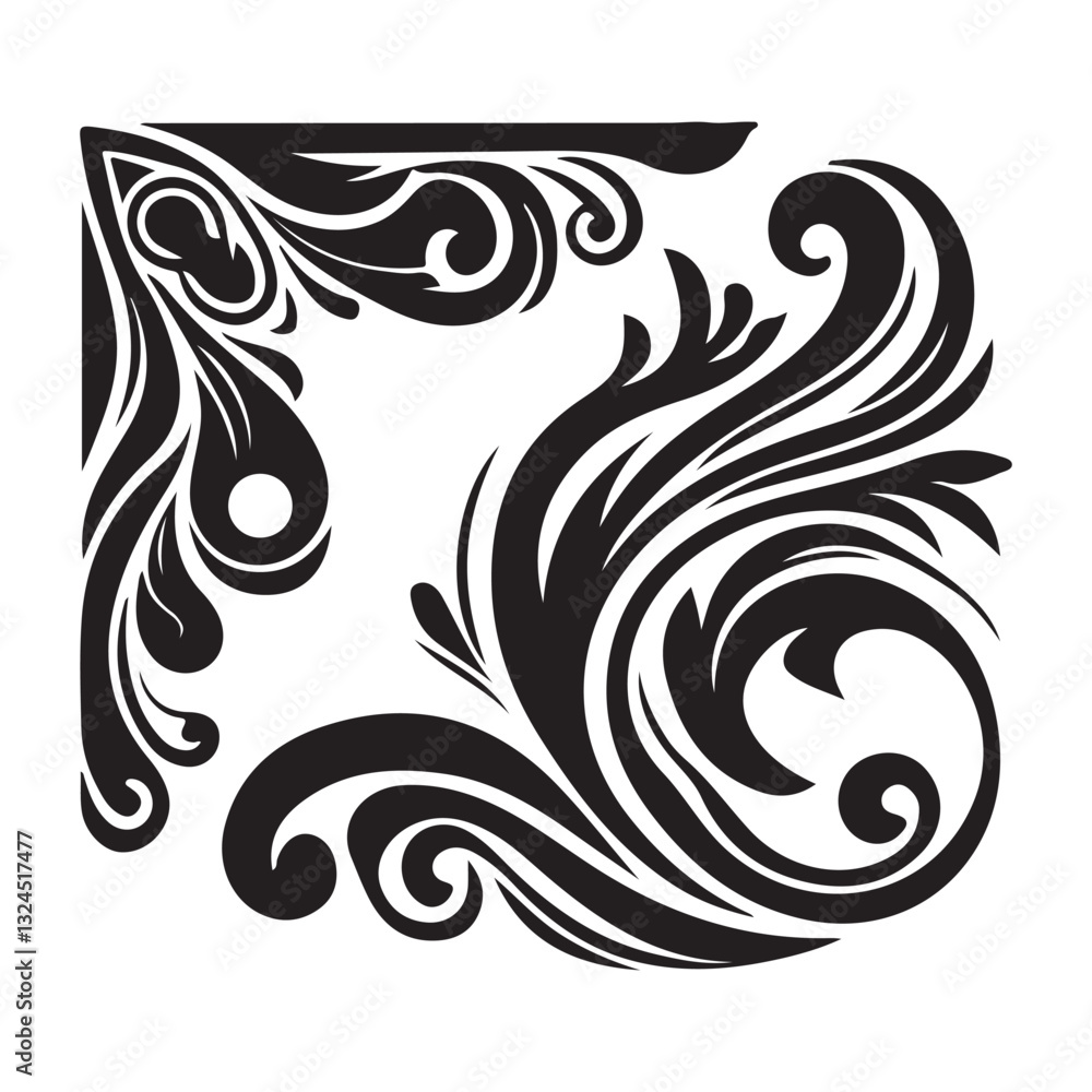 Floral vector design features an abstract swirl ornament with ornate leaf and line elements Floral vector design features an abstract swirl ornament with ornate leaf and line elements