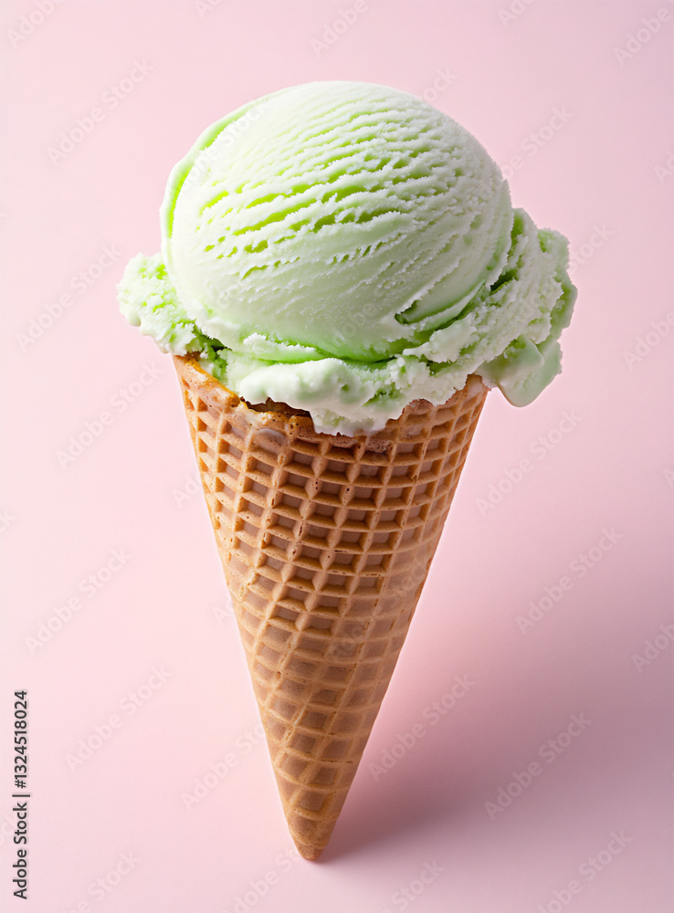 a single mint ice cream cone on a pastel pink background, a single mint ice cream cone on a pastel pink background,