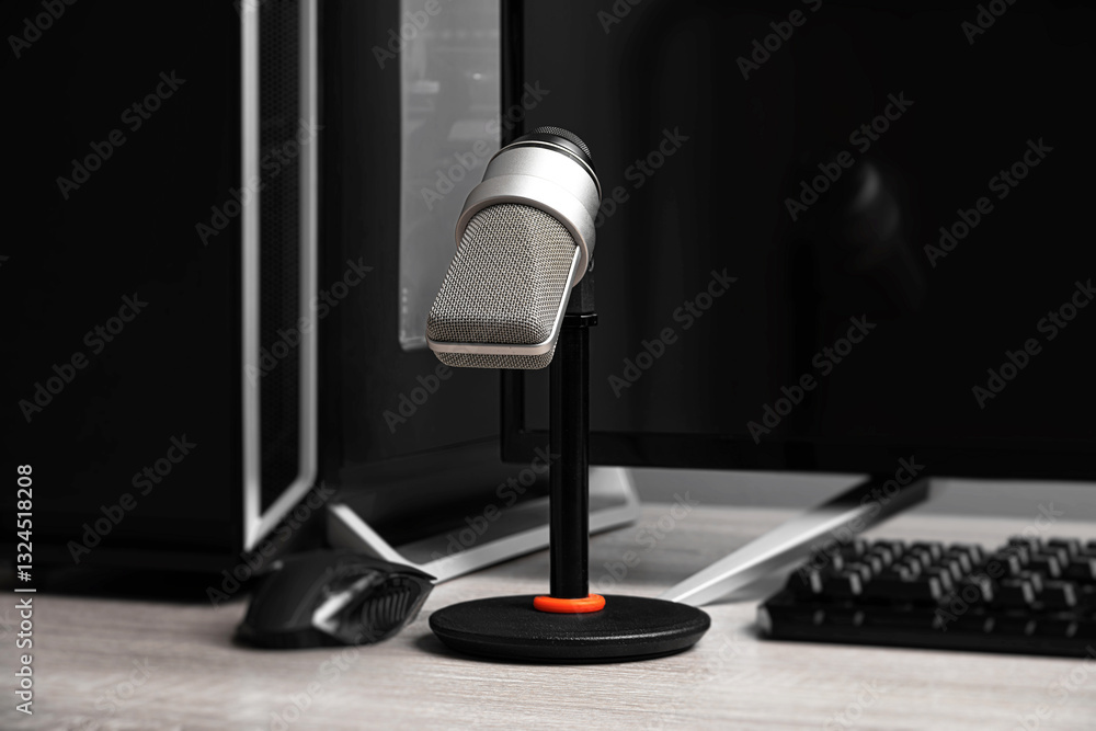 A professional condenser microphone on a desktop stand is set up in a modern gaming and recording workstation, surrounded by a computer monitor, keyboard, and gaming peripherals.