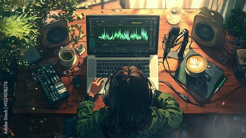 Wallpaper Mural Woman working on music production at home studio, using laptop, midi keyboard, audio interface and headphones, Seamless looping time lapse animation video background, lo-fi art. Torontodigital.ca