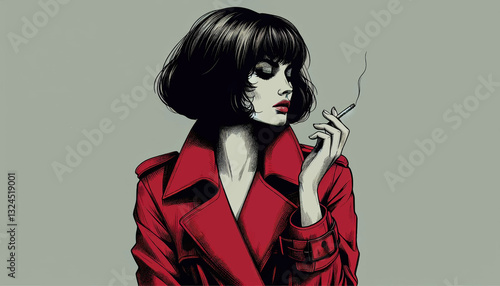 woman in trench red coat holding cigarette, looking down, vintage style
