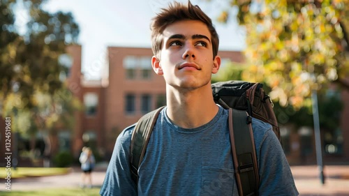Reflective young man walking through sunny campus autumn