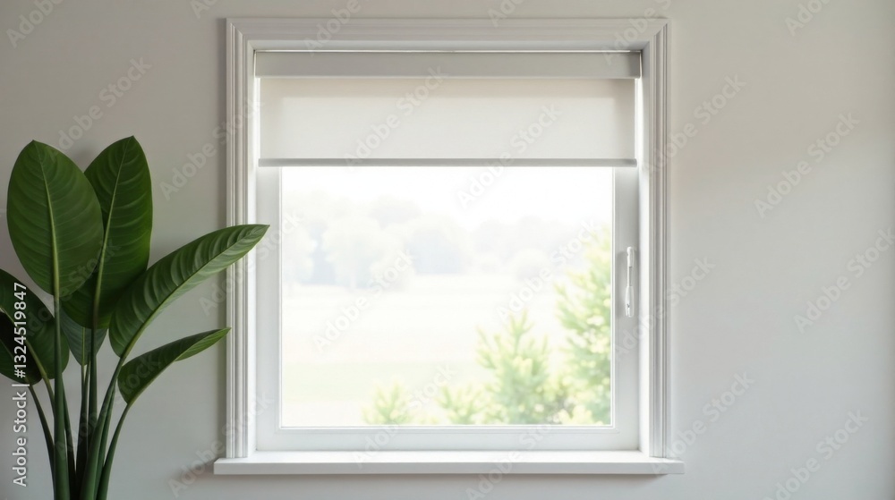 Fototapeta premium Serene Window View with Roller Shade and Lush Green Plant