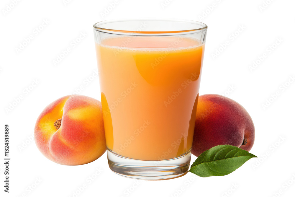 Fresh peach juice in a glass with ripe peaches, cut out Fresh peach juice in a glass with ripe peaches, cut out