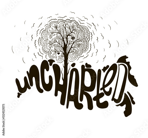 An inscription is drawn on the map- uncharted, the word is depicted as a map of Russia, a magic tree grows on the map, pills for all diseases grow on it, love and it fulfills desires and dreams.