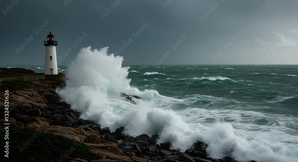 Powerful Waves Crashing Against Rocky Shoreline Near Lighthouse in Storm Powerful Waves Crashing Against Rocky Shoreline Near Lighthouse in Storm