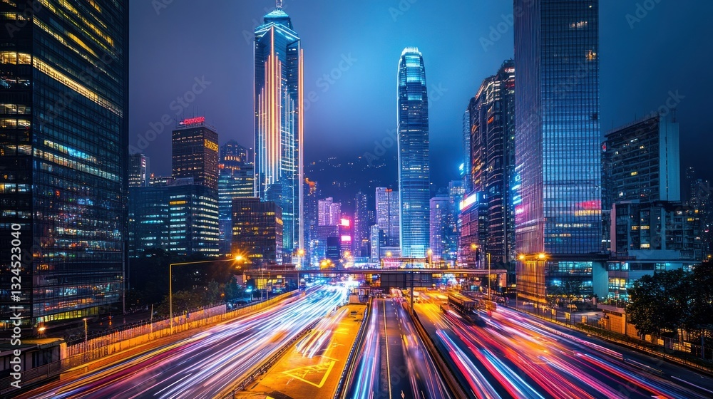 Fototapeta premium Night cityscape with light trails on highway.