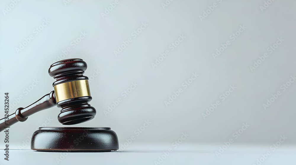 Wooden Gavel on Sound Block with Gold Accent Against a Plain Light Gray Background Wooden Gavel on Sound Block with Gold Accent Against a Plain Light Gray Background