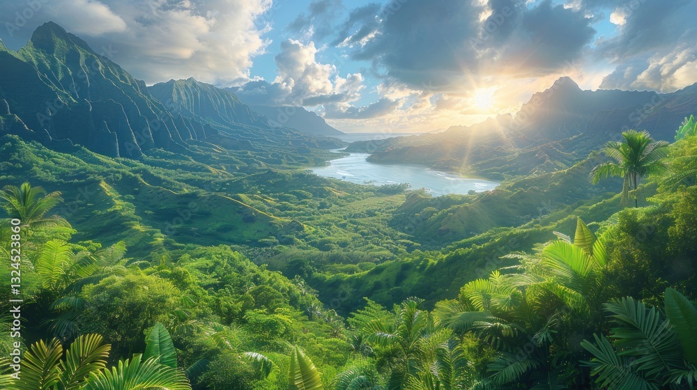 Lush valley at sunset with mountains and a serene lake. Lush valley at sunset with mountains and a serene lake.