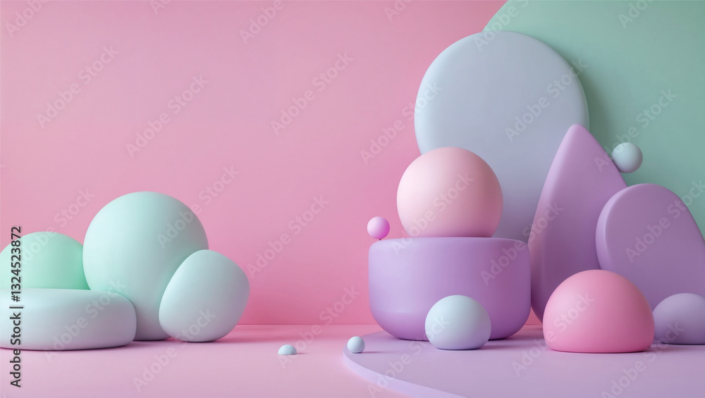 Fototapeta premium Playful and youthful background with bright pastel pink, soft mint, and light lavender. Soft, bubbly shapes and rounded geometric elements add a whimsical touch while keeping the design clean