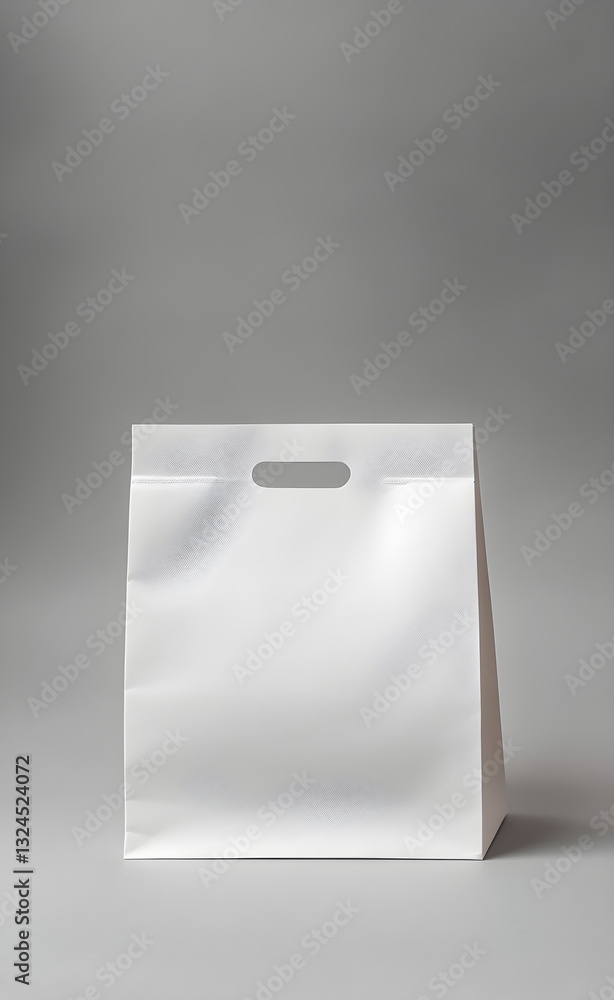 A modern white paper bag mockup with rounded edges, placed on a simple gray background. The blank surface is ideal for branding, logo design, or text placement. Minimalist design with small cutout han A modern white paper bag mockup with rounded edges, placed on a simple gray background. The blank surface is ideal for branding, logo design, or text placement. Minimalist design with small cutout han