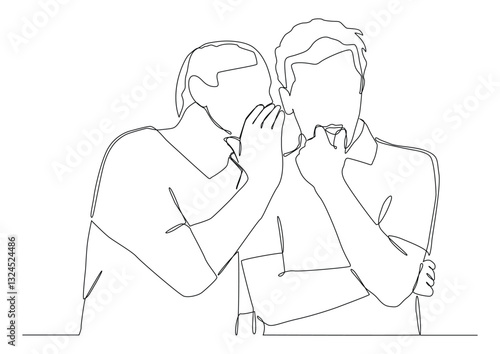 Continuous one line art of Two men stand close by, one whispers something in the ear of the other. The listener opened his mouth in surprise.