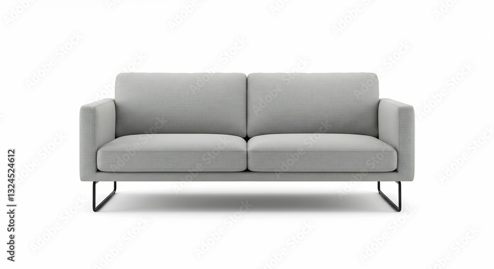 Modern 2-seater sofa in light gray fabric, featuring a minimalist design with clean lines and a low profile. Front view studio shot on a white background, ideal for interior design and furniture Modern 2-seater sofa in light gray fabric, featuring a minimalist design with clean lines and a low profile. Front view studio shot on a white background, ideal for interior design and furniture
