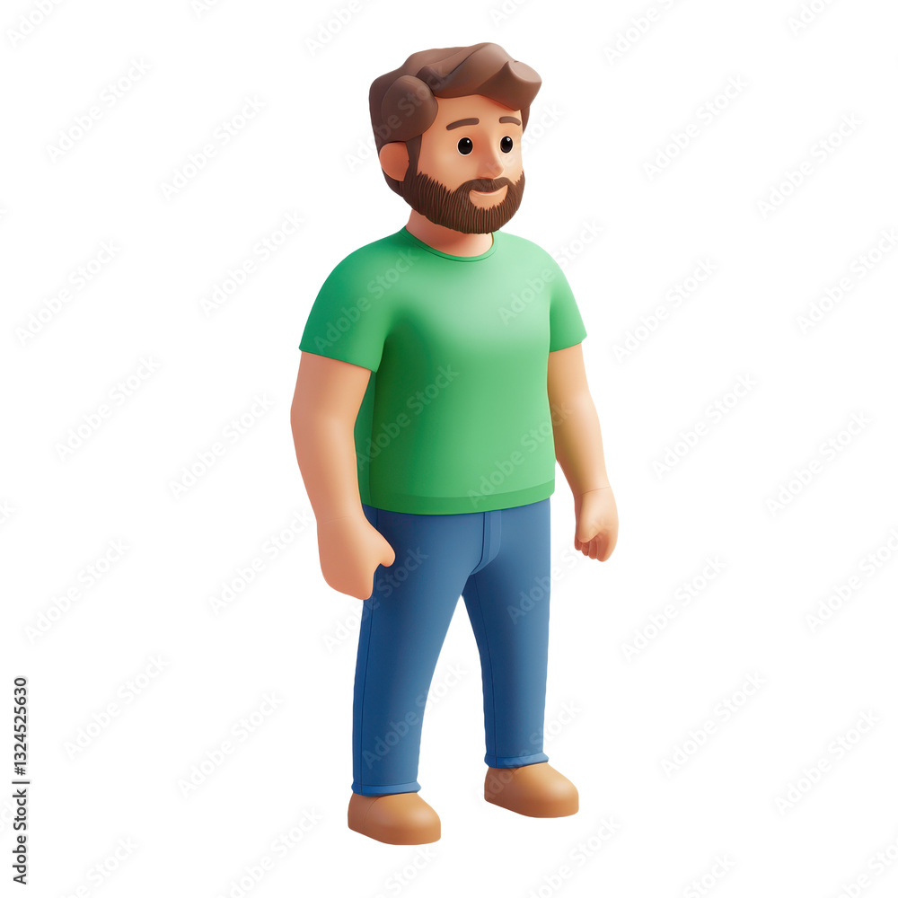 Charming 3D Cartoon Man with Beard: A Cheerful Character Portrait in Stylish Jeans and Green Shirt, Radiating Confidence and Modern Appeal in a Minimalist Design Charming 3D Cartoon Man with Beard: A Cheerful Character Portrait in Stylish Jeans and Green Shirt, Radiating Confidence and Modern Appeal in a Minimalist Design