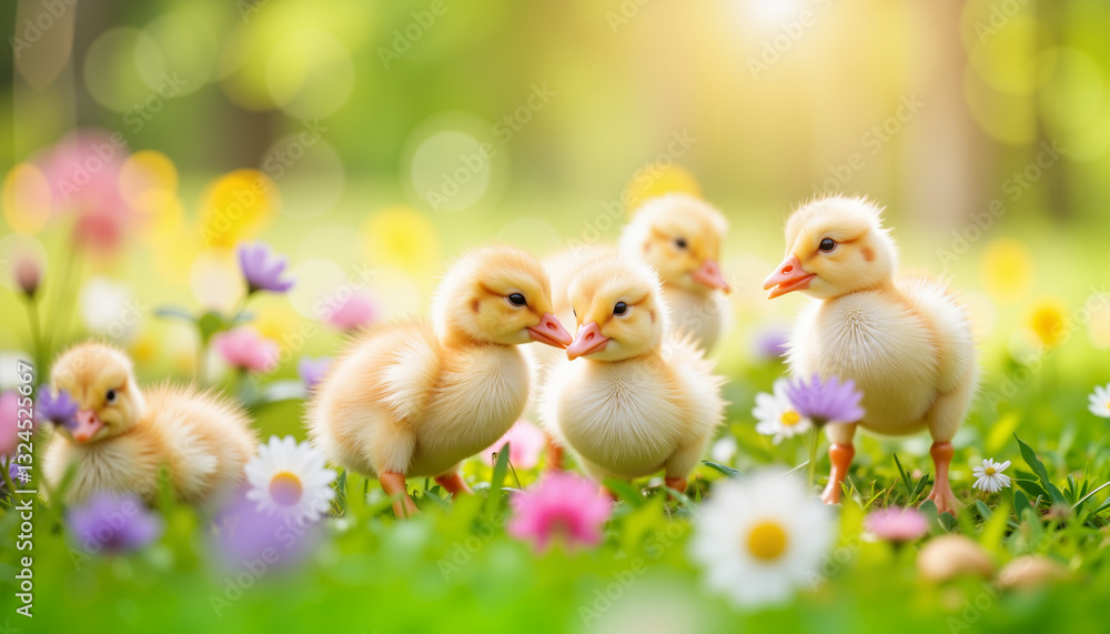 Playful ducklings exploring blooming flowers in springtime, joyfulness Playful ducklings exploring blooming flowers in springtime, joyfulness