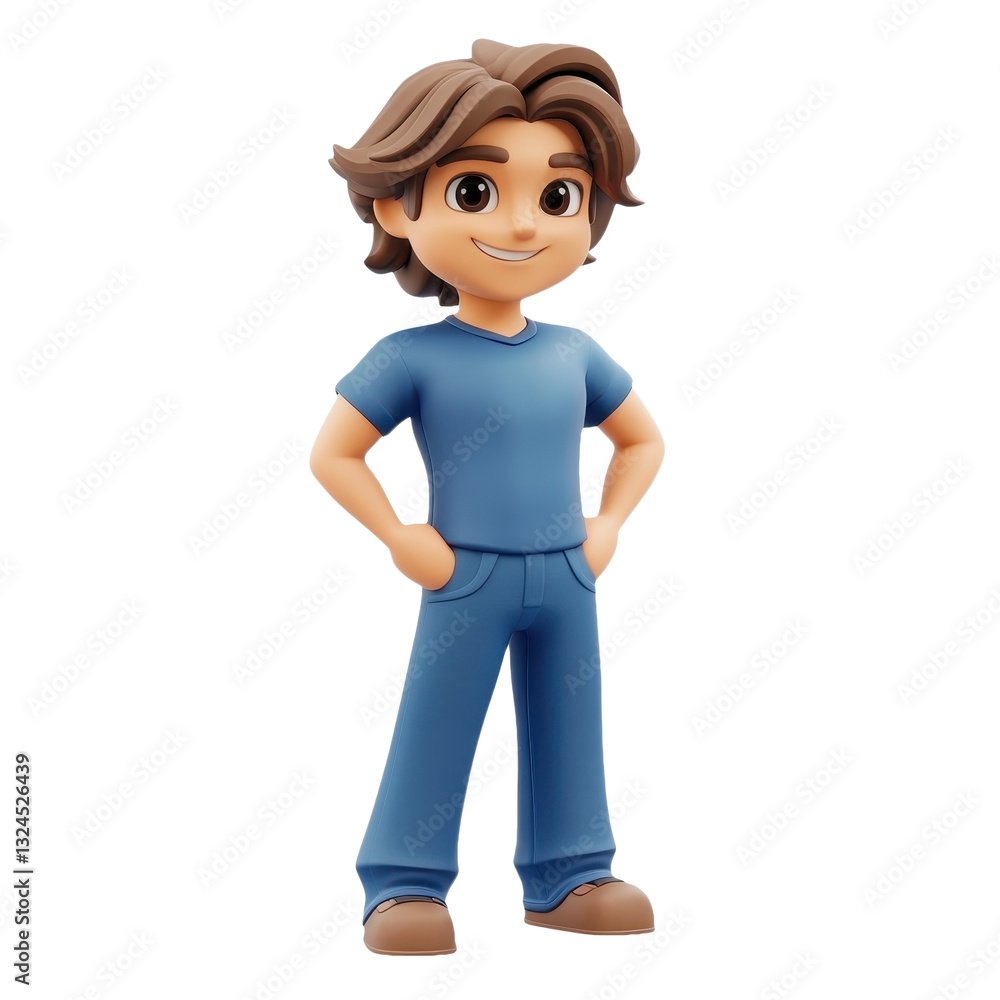 Cheerful Cartoon Character: Young Man in Blue Outfit - Modern 3D Rendering for Animation and Design Projects Cheerful Cartoon Character: Young Man in Blue Outfit - Modern 3D Rendering for Animation and Design Projects