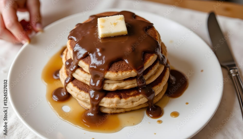 A delicious pancake stack topped with rich chocolate syrup and a sweet honey drizzle, creating a mouthwatering combination of flavors that will satisfy your sweet tooth cravings. A delicious pancake stack topped with rich chocolate syrup and a sweet honey drizzle, creating a mouthwatering combination of flavors that will satisfy your sweet tooth cravings.