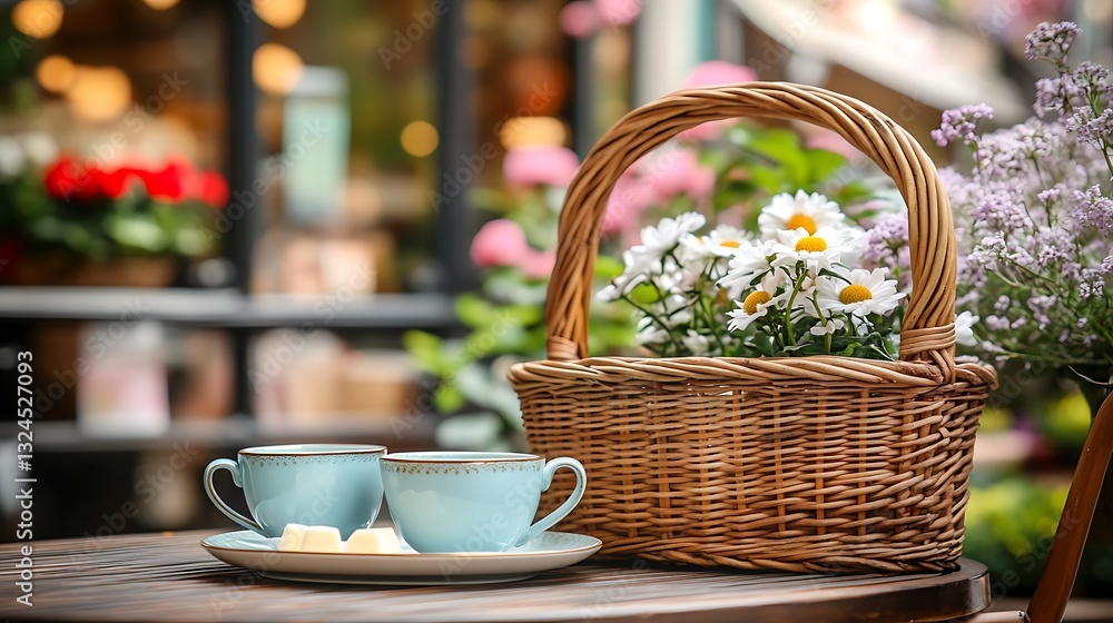 Cafe table, coffee cups, flowers in basket, blurred city backdrop, invitation, greeting, promotion Cafe table, coffee cups, flowers in basket, blurred city backdrop, invitation, greeting, promotion