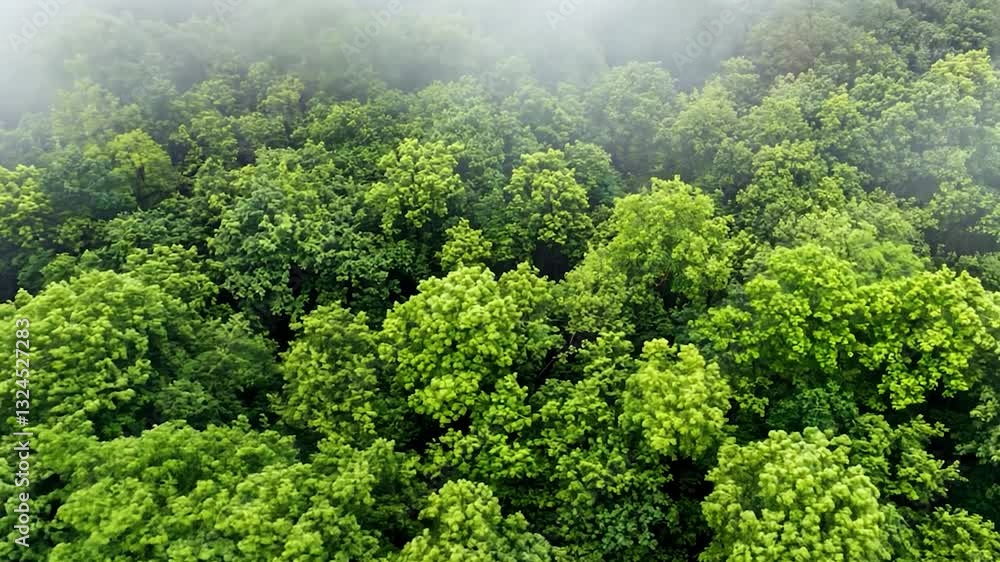 Lush green forest canopy viewed from above, shrouded in mist with serene atmosphere Lush green forest canopy viewed from above, shrouded in mist with serene atmosphere