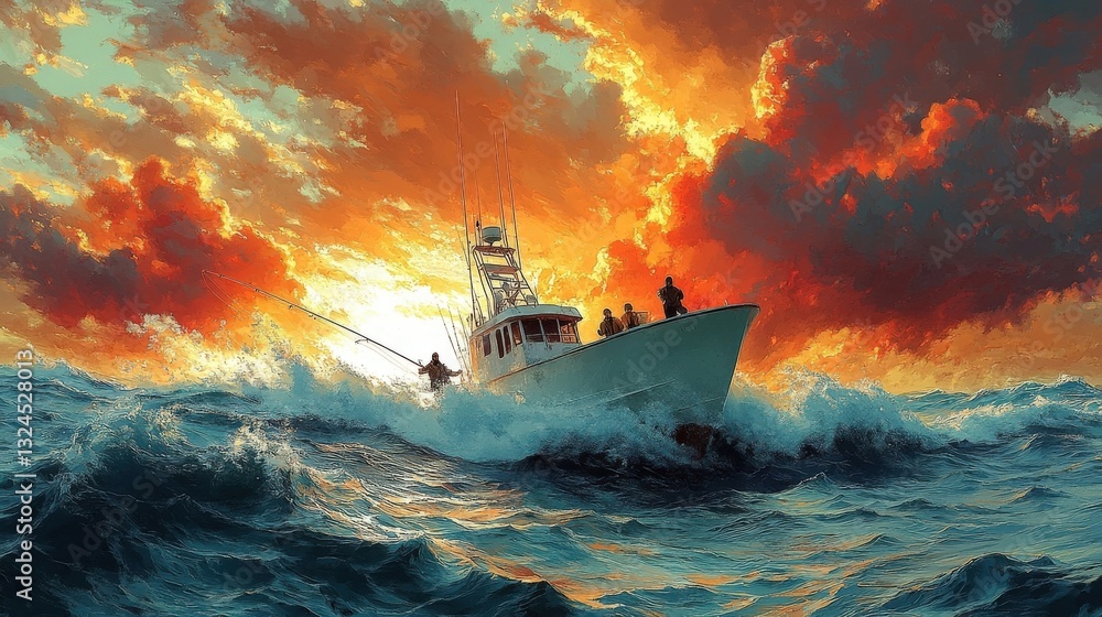 Fototapeta premium Fishermen on a Boat During a Vibrant Ocean Sunset
