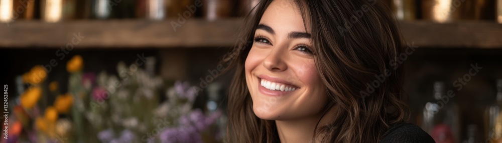 A joyful young woman with long hair smiles warmly against a backdrop of colorful flowers and bottles, reflecting positivity and beauty, Perfect for wellness, skincare, or lifestyle promotions, A joyful young woman with long hair smiles warmly against a backdrop of colorful flowers and bottles, reflecting positivity and beauty, Perfect for wellness, skincare, or lifestyle promotions,