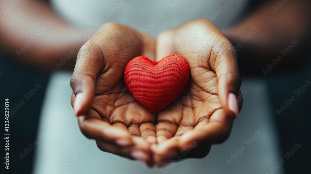 health, medicine and charity concept - close up of african american female hands with small red heart health, medicine and charity concept - close up of african american female hands with small red heart