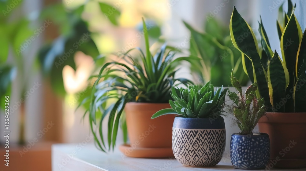 A collection of houseplants growing in decorative pots indoors. A collection of houseplants growing in decorative pots indoors.