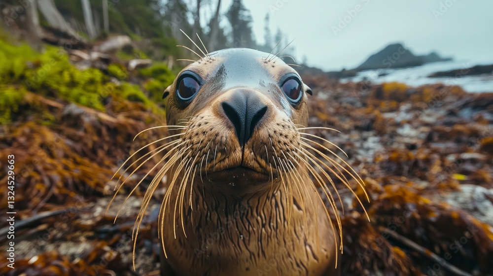 Fototapeta premium A curious sea lion looking directly at the camera in the wild. 