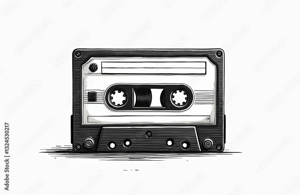 Fototapeta premium Illustration of retro audio cassette tape. Vintage music recording, playback device. Analog sound carrier. Old fashioned portable stereo equipment for entertainment, musical projects. Nostalgic