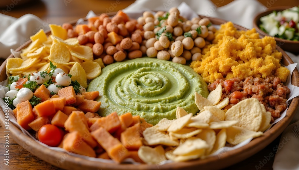 A delicious appetizer bowl consisting of freshly made guacamole, flavorful tacos, and crispy tortilla chips, perfect for sharing with friends and family. A delicious appetizer bowl consisting of freshly made guacamole, flavorful tacos, and crispy tortilla chips, perfect for sharing with friends and family.