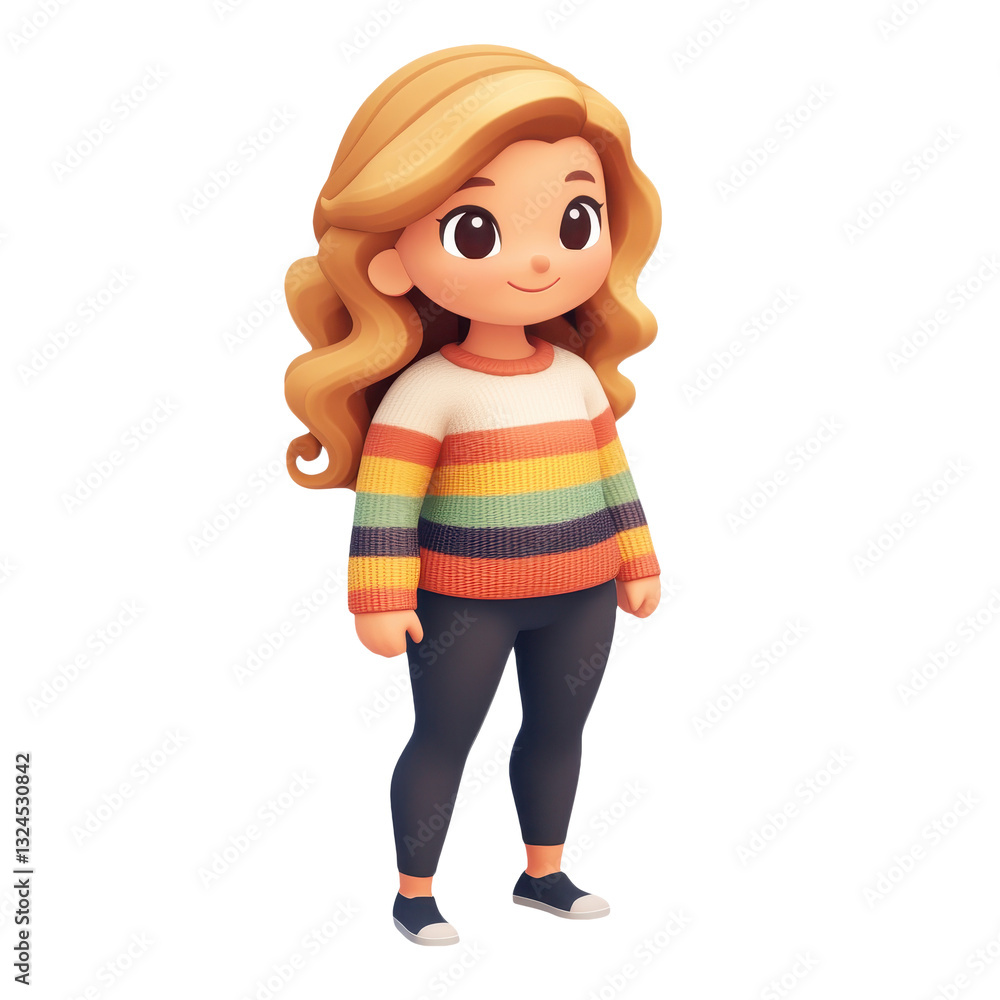 Charming Cartoon Girl: A Sweet and Stylish Character Portrait in Modern Graphic Design, Perfect for Animation and Illustration with Stripes, Sweater, Leggings & Sneakers Charming Cartoon Girl: A Sweet and Stylish Character Portrait in Modern Graphic Design, Perfect for Animation and Illustration with Stripes, Sweater, Leggings & Sneakers