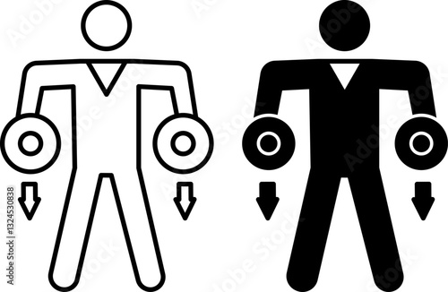 Strength Training Icons. Black and White Vector Illustration. Athlete Doing Exercises With Dumbbells. Sport, Healthy Lifestyle. Weight Loss Concept