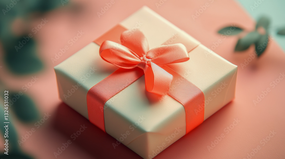 gift box wrapped in cream paper with a coral satin ribbon, placed on a soft pastel background with blurred foliage, creating a warm and sophisticated aesthetic for celebrations and special moments. gift box wrapped in cream paper with a coral satin ribbon, placed on a soft pastel background with blurred foliage, creating a warm and sophisticated aesthetic for celebrations and special moments.