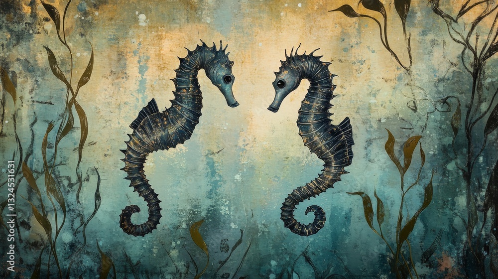 Fototapeta premium A pair of seahorses swimming gracefully among seaweed. 