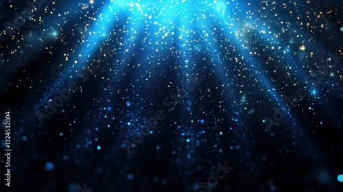 vibrant array of blue particles shines brightly against a dark background, creating a captivating effect reminiscent of a starlit night sky or mystical underwater scene